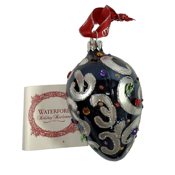 Waterford Sapphire Scroll Egg Jeweled Blown Glass Ornament Rare 1997 Handmade - Picture 2 of 13